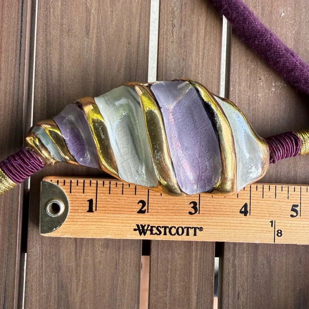 Vintage Artisan Ceramic Shell Rope Belt Purple Gold Glazed Sculptural Tie Belt